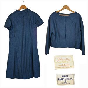 Vintage '50s Hand Made Mock Neck Short Sleeve Blue Wool Dress & Jacket Set 8